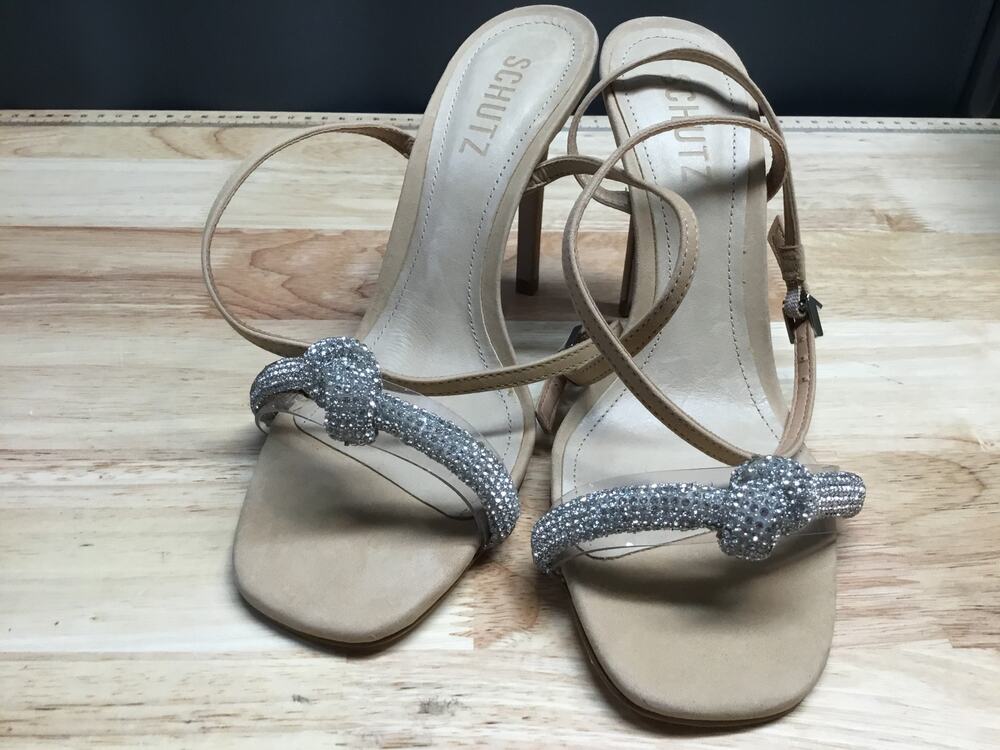 Schutz Peaky High Heel Sandals Women's 7.5 Light Beige Nubuck Embellished Bow